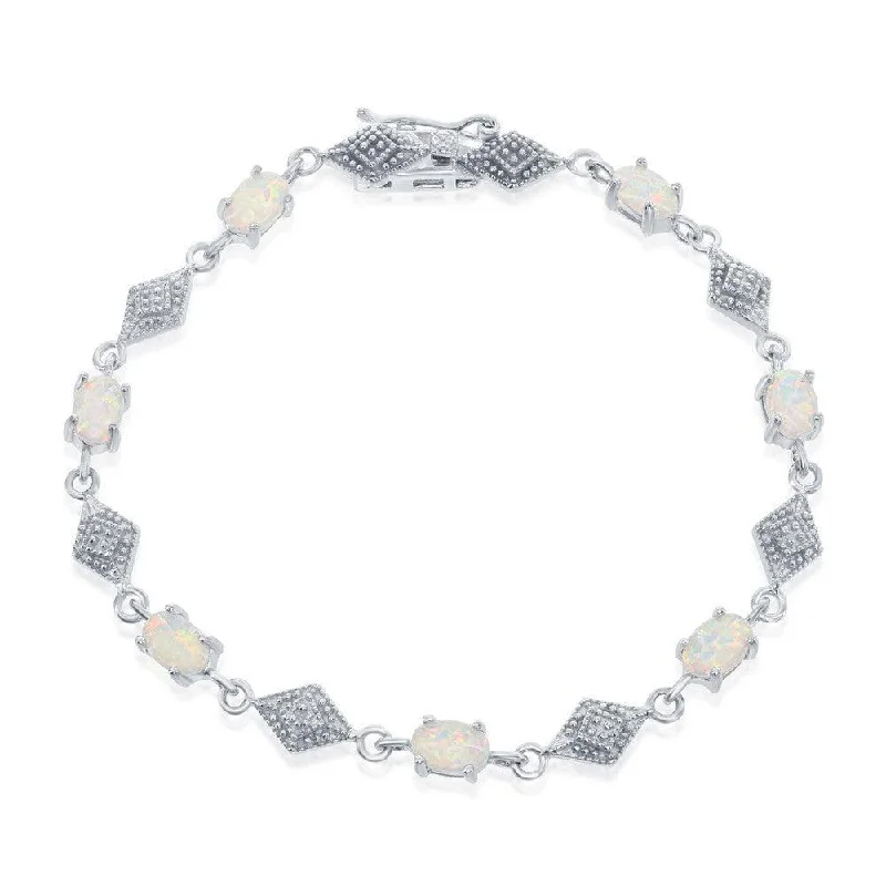 Chic Silver Bracelet-Sterling Silver Oval White Opal With Marquise Shape CZ Bracelet