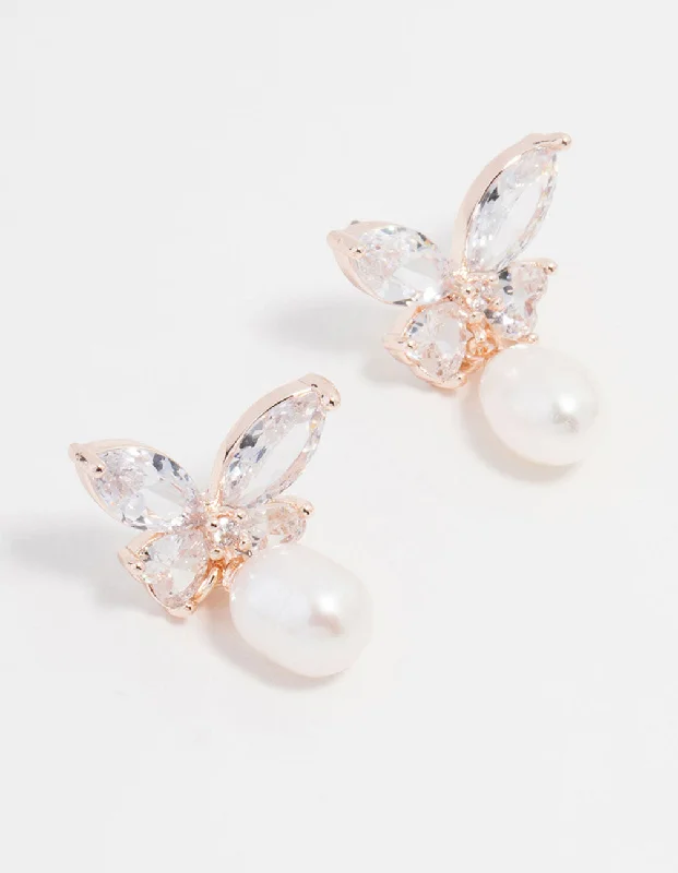 Stylish Hoop Earrings-Rose Gold Plated Cubic Zirconia Butterfly Pearl Drop Earrings