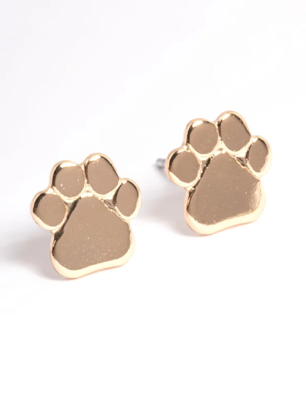 Dangling Gold Earrings-Gold Paw Print Stud Earrings