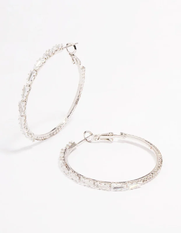 Star Shaped Earrings-Silver Cubic Zirconia Baguette Stone Hoop Earrings