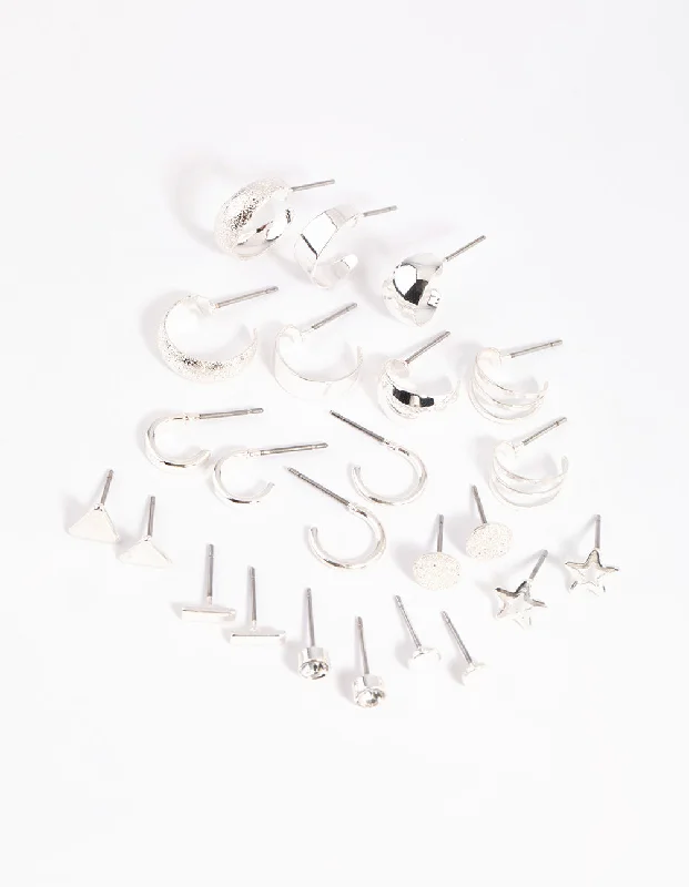 Modern Drop Earrings-Silver Geometric Stud & Hoop Earring 12-Pack