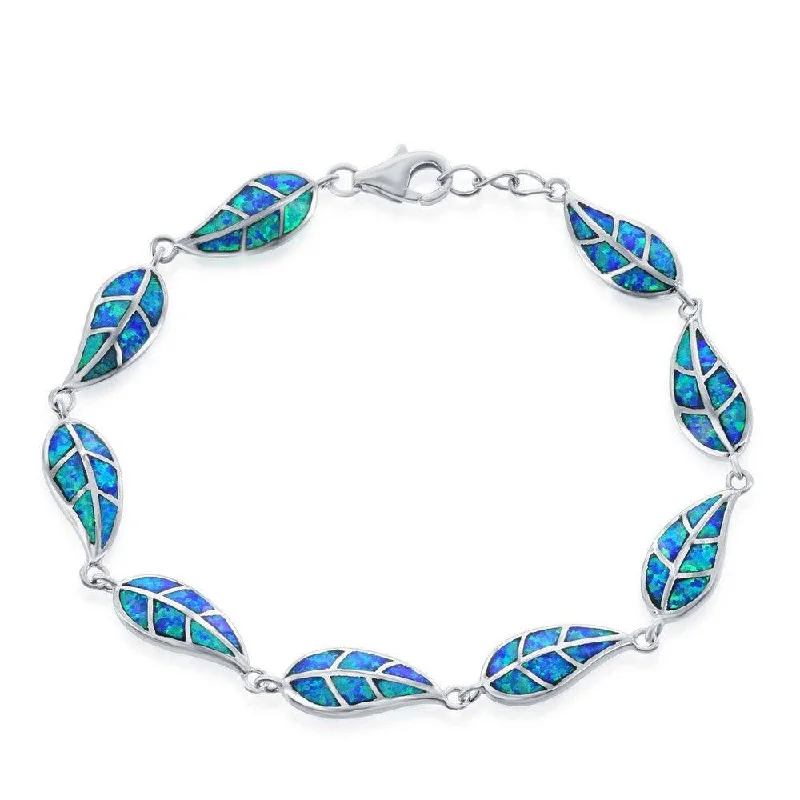 Gold-Plated Cuff Bracelet-Sterling Silver Blue Inlay Opal Linked Leaf's Bracelet, 7.5"