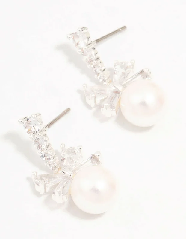 Elegant Drop Earrings-Silver Plated Cubic Zirconia Bow & Freshwater Pearl Drop Earrings