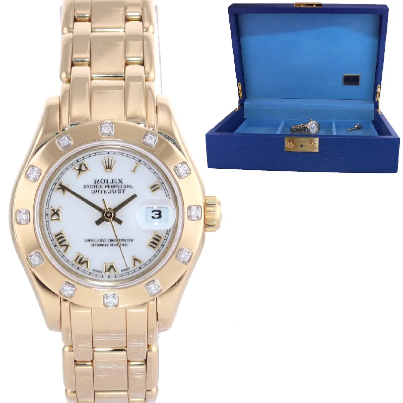 Custom Engraved Luxury Watch-Ladies Rolex DateJust Pearlmaster 80318 29mm 18k Gold White Roman Diamond Watch