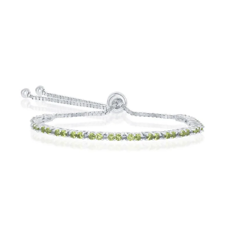 Charm Bracelet for Women-Sterling Silver 2mm Peridot CZ 'August Birthstone' Bolo Bracelet