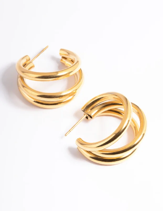 Heart-Shaped Stud Earrings-Waterproof Gold Plated Stainless Steel Triple Hoop Earrings