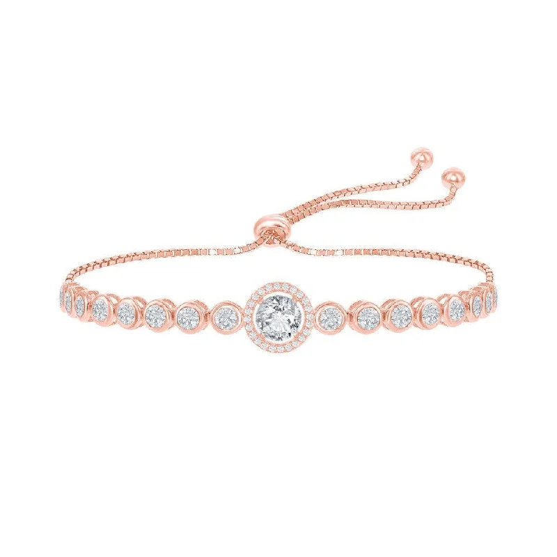 Adjustable Friendship Bracelet-Sterling Silver Round CZ Halo Bezel-Set CZ Adjustable Bolo Bracelet - Rose Gold Plated