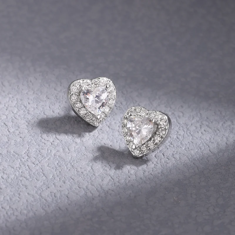 Loving Heart Zircon Ear Studs-Platinum