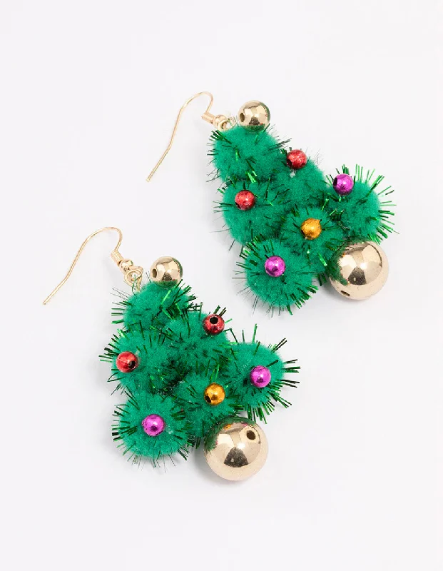 Large Gold Earrings-Green Pom Pom Tree Drop Earrings