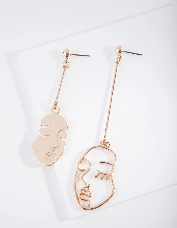 Cute Stud Earrings-Gold Mismatched Face Earrings