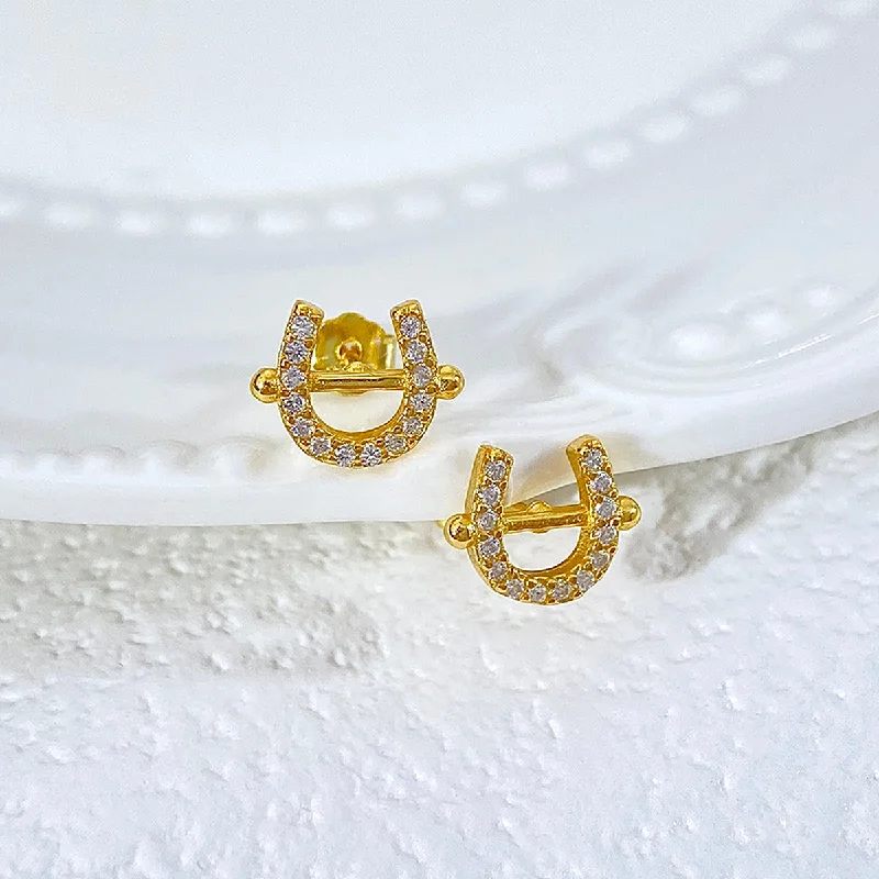 Horseshoe Zircon Stud Earrings-Gold