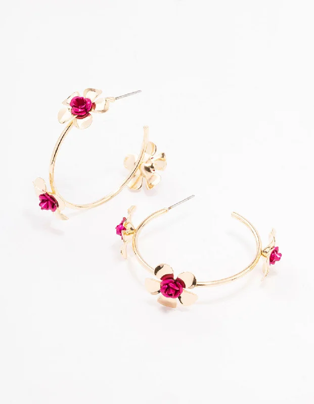 Handmade Gold Earrings-Gold Multi Petal Flower Hoop Earrings