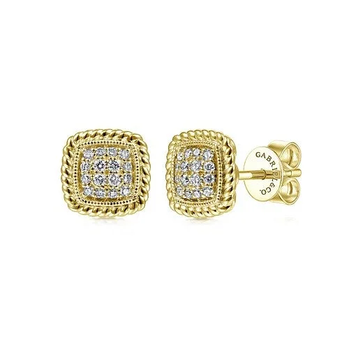 Elegant Drop Stud Earrings-14K Yellow Gold Cushion Shape Pave Diamond Stud Earrings