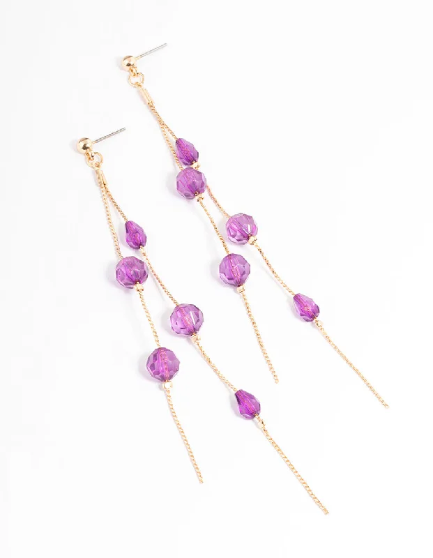 Sterling Silver Dangle Earrings-Purple Double String Bead Drop Earrings