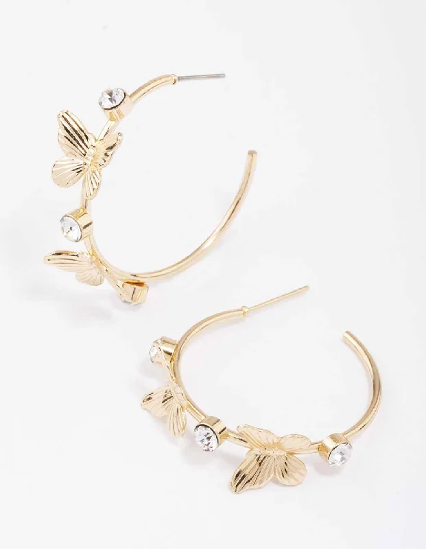 Antique Silver Earrings-Gold Diamante Butterfly Hoop Earrings