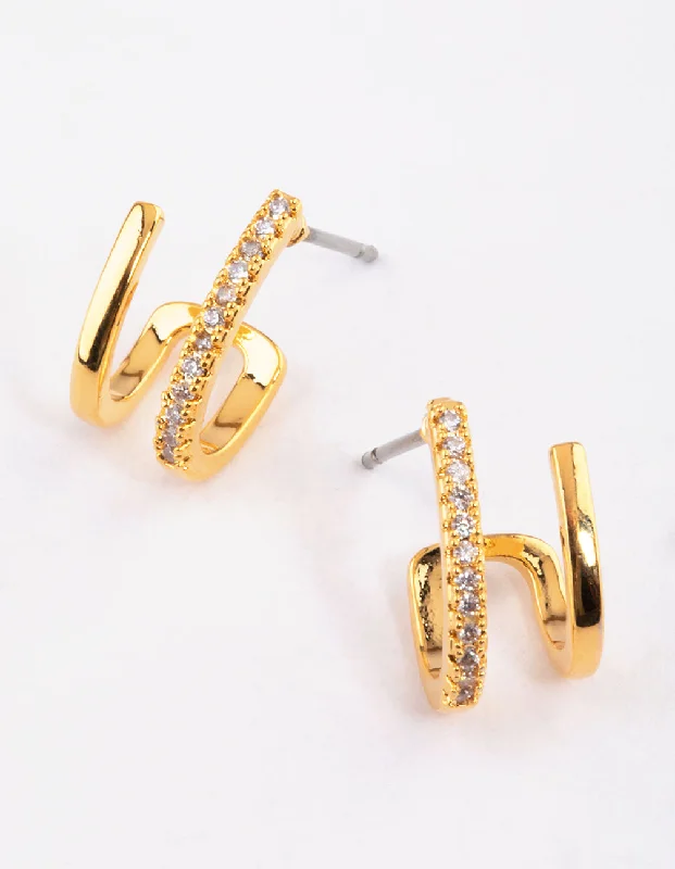 Oval Drop Earrings-Gold Plated Mini Diamante Double Cuff Earrings