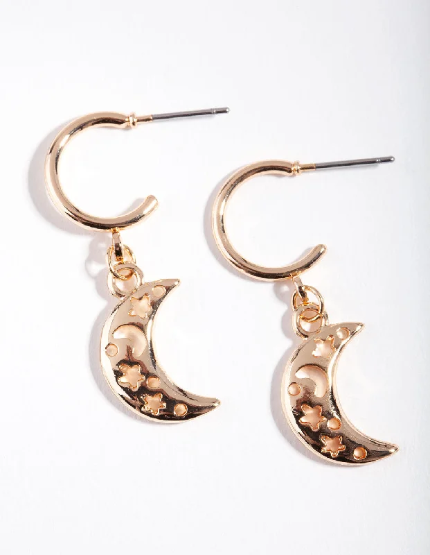 Triangular Earrings-Gold Cut Out Moon Hoop Earrings