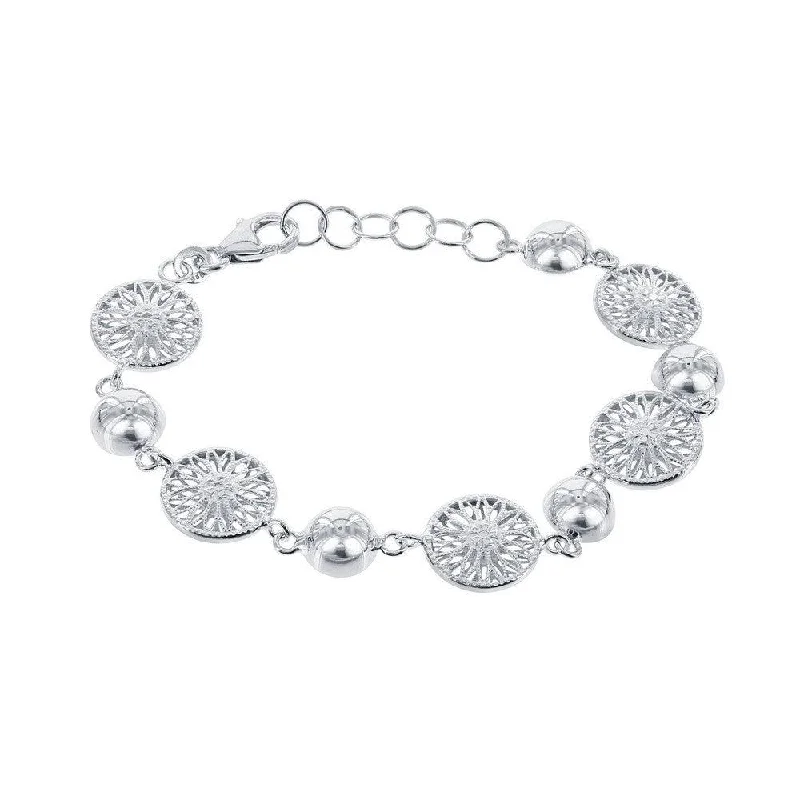 Elegant Chain Link Bracelet-Sterling Silver Alternating Round Diamond Cut Flower and Semi Sphere Bracelet