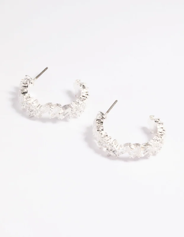 Sterling Silver Dangle Earrings-Silver Cubic Zirconia Baguette Hoop Earrings