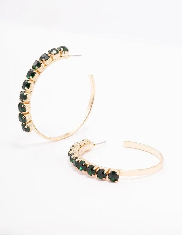 Freshwater Pearl Earrings-Green Round Diamante Medium Hoop Earrings