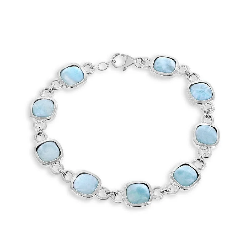 Silver Link Chain Bracelet-Sterling Silver Square Larimar Bracelet, 7.5"