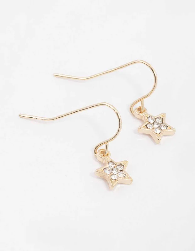 Embellished Drop Earrings-Gold Diamante Star Drop Earrings