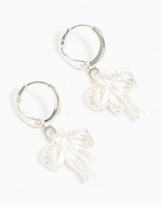 Cute Dangle Earrings-Silver Cubic Zirconia Huggie Bow Drop Earrings