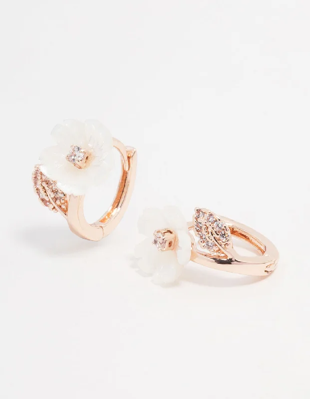 Cute Pearl Earrings-Rose Gold Plated Flower Pearl Hoop Earrings