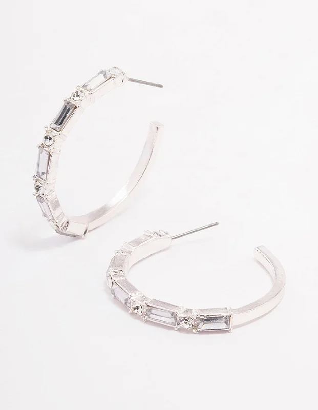 Elegant Hoops with Diamonds-Silver Baguette Medium Hoop Earrings