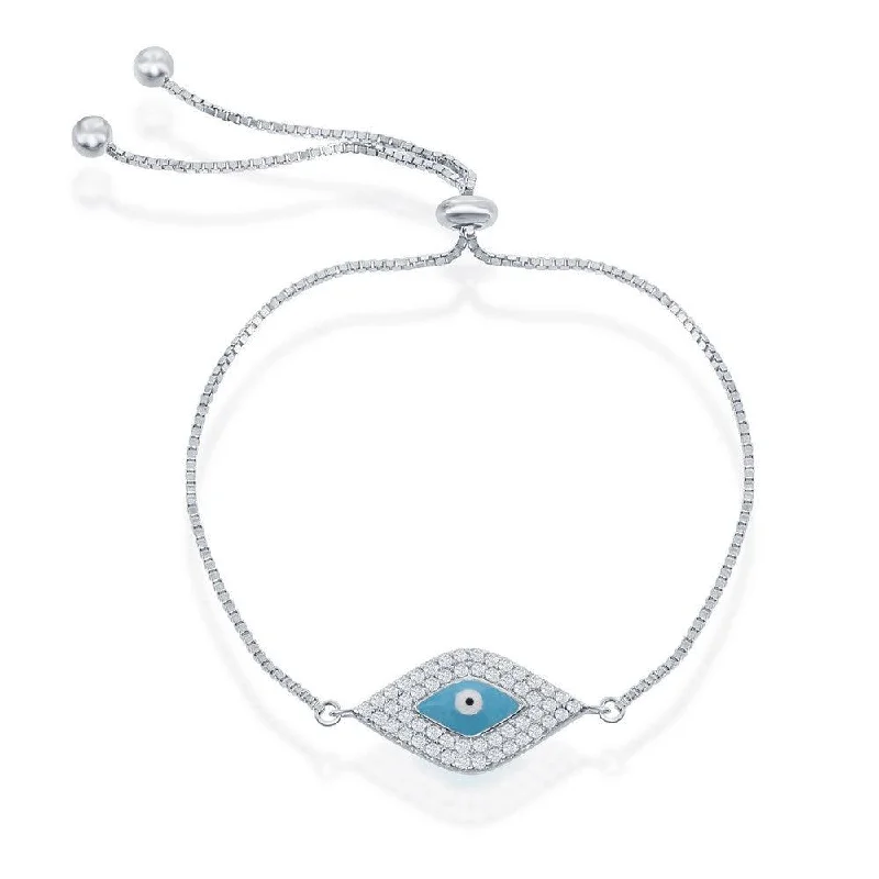 Personalized Silver Cuff Bracelet-Sterling Silver Blue Evil Eye with Beads Adjustable Bolo Bracelet