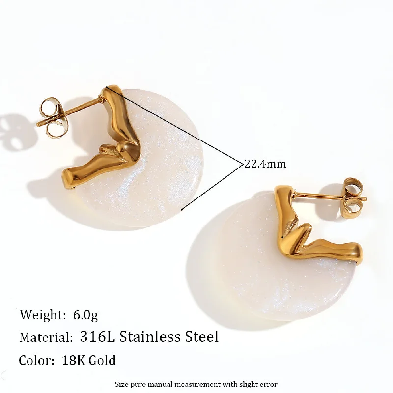 Shiny White Resin Fan Shaped Stud Earrings-Gold