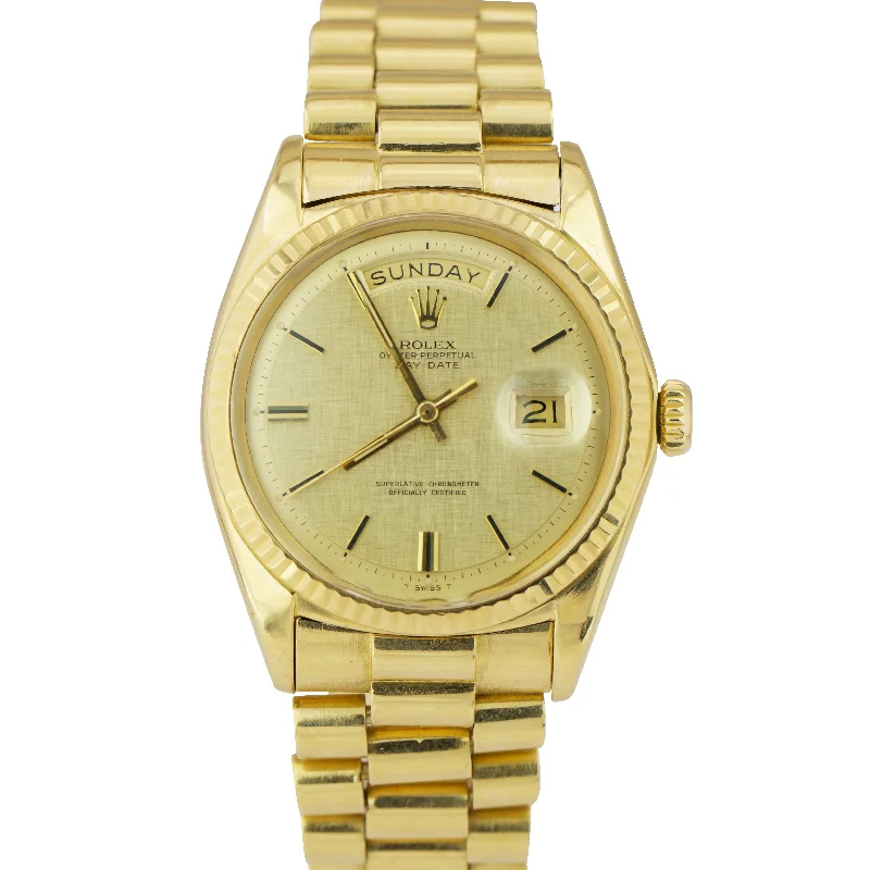 Gold-Plated Stainless Steel Watch-Vintage Rolex Day-Date President 36mm Champagne LINEN 18K Yellow Gold Watch 1803