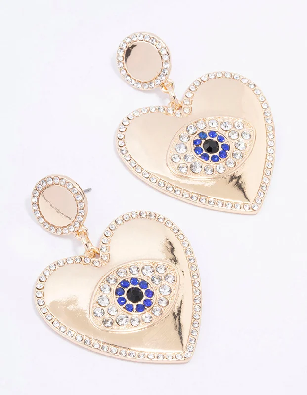 Double-Sided Earrings-Gold Heart Diamante Eye Drop Earrings