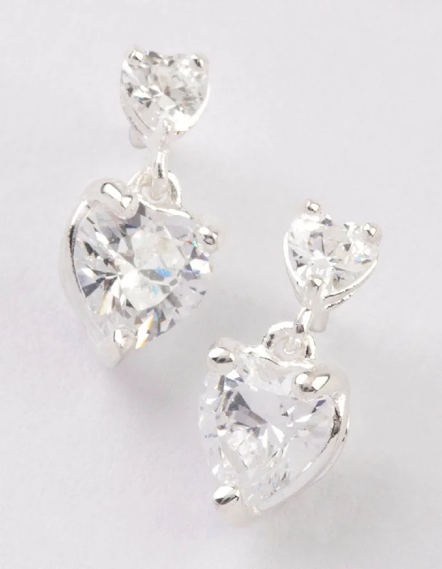 Geometric Stud Earrings-Sterling Silver Cubic Zirconia Heart Stud & Drop Earrings