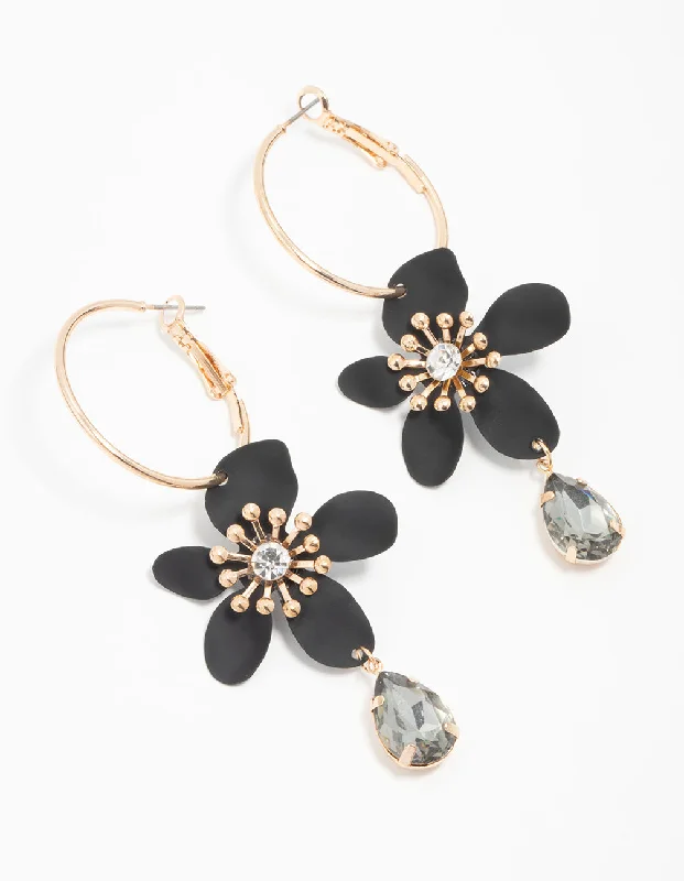 Cute Dangle Earrings-Gold Hoop Black Flower Diamante Hoop Earrings