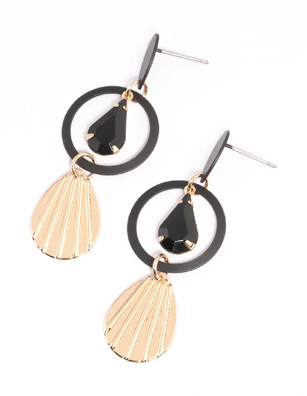 Oval Hoop Earrings-Black Teardrop Circle & Fan Drop Earrings