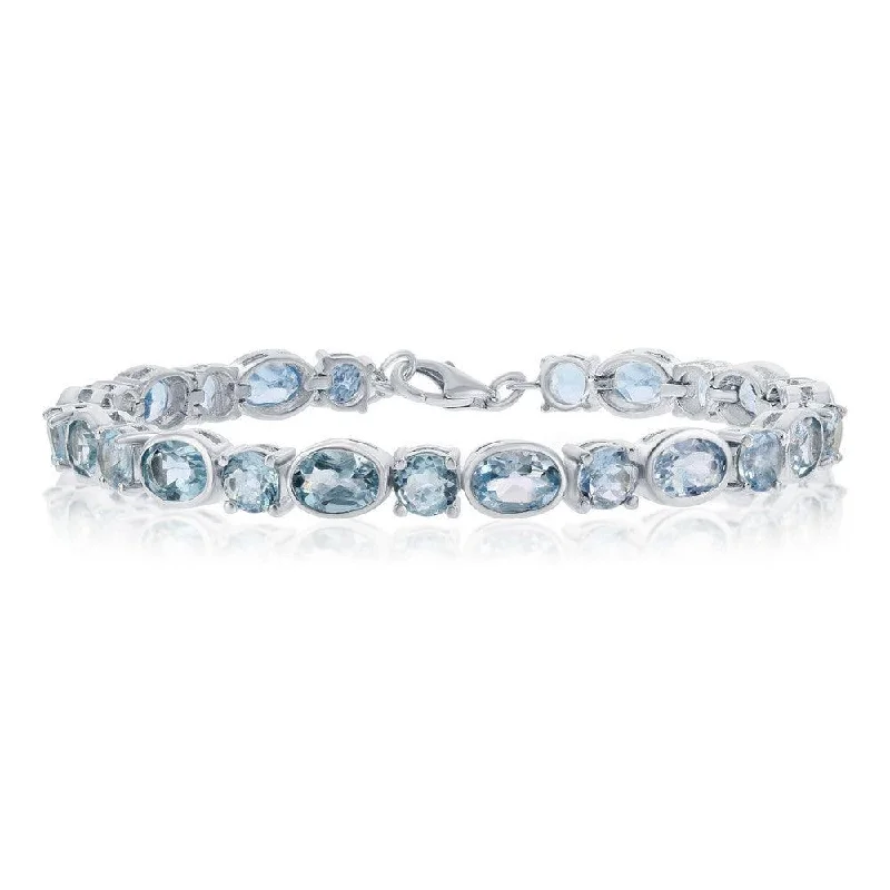 Adjustable Metal Bracelet-Sterling Silver Alternating 5mm Round & 7x5mm Oval 17.95cttw Blue Topaz Gem Bracelet