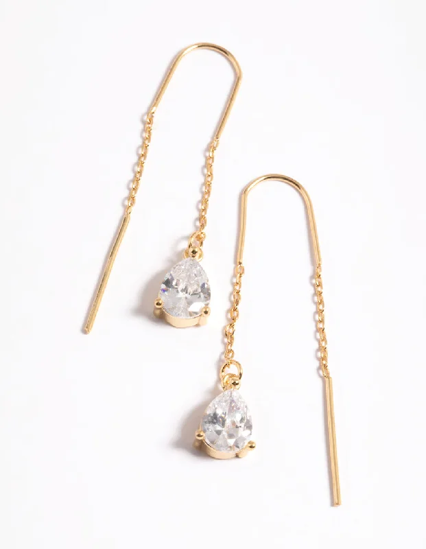 Pearl Hoop Earrings-Gold Plated Cubic Zirconia Teardrop Thread Earrings