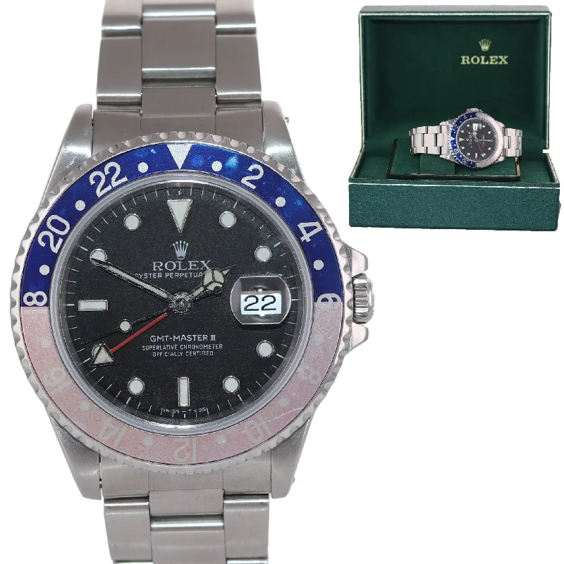 Elegant Women’s Watch with Leather Band-PATINA FADED Rolex GMT-Master II Pepsi Steel Blue Red 16710 Watch Box