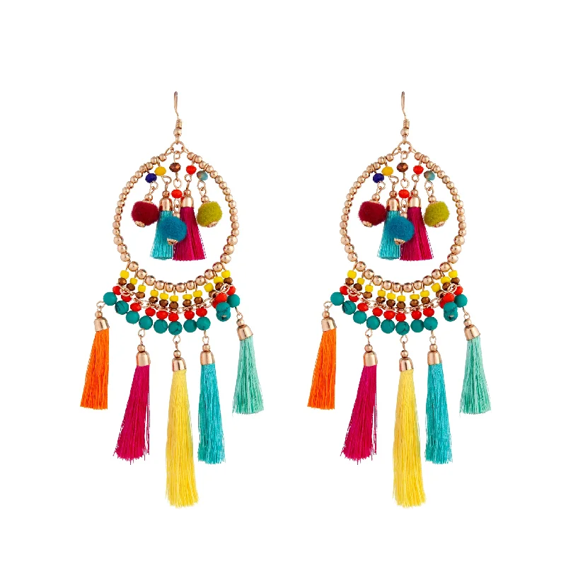 Simple Silver Earrings-Mixed Brights Beaded Hoop With Pom Pom & Tassel Accents