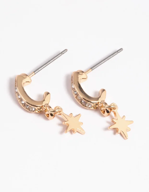 Elegant Ear Cuffs-Gold Diamante Star Huggie Hoop Earrings