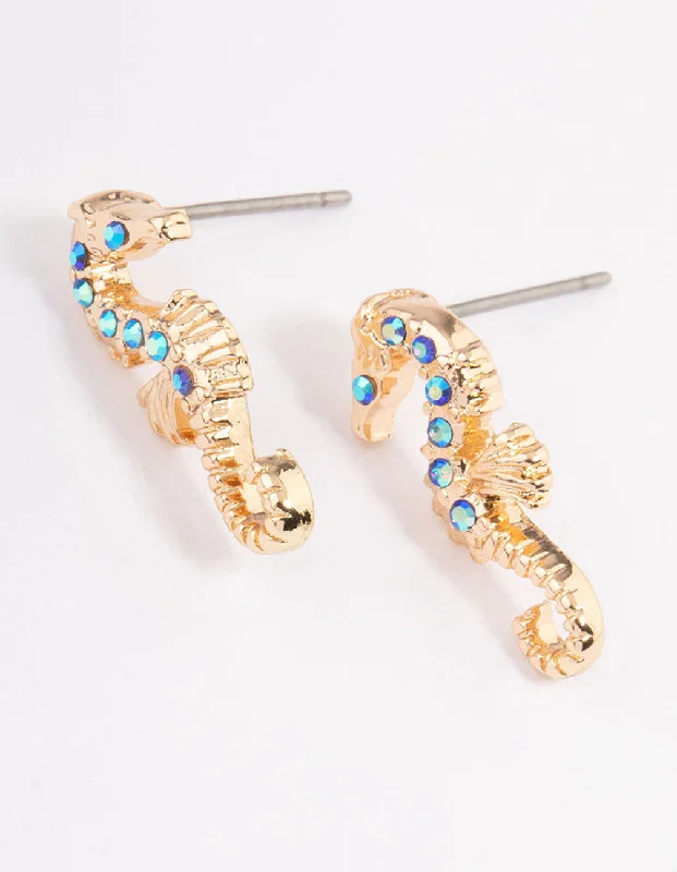 High-End Earrings-Blue Diamante Seahorse Stud Earrings