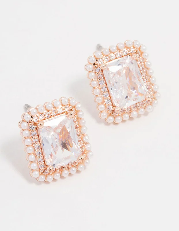 Metal Hoop Earrings-Rose Gold Plated Radiant Cubic Zirconia Halo Pearl Earrings