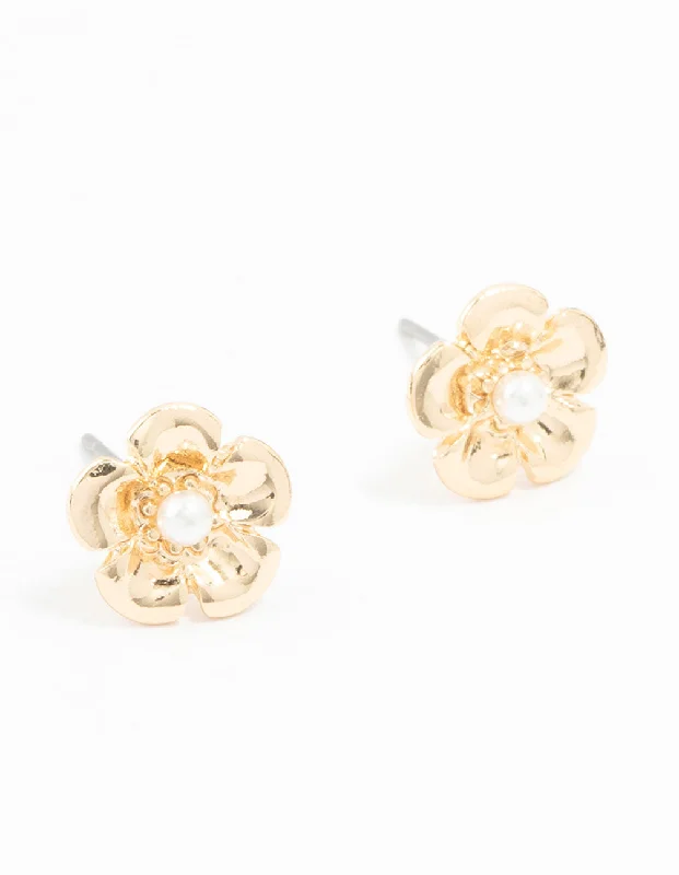 Freshwater Pearl Earrings-Gold Pearl Flower Stud Earrings