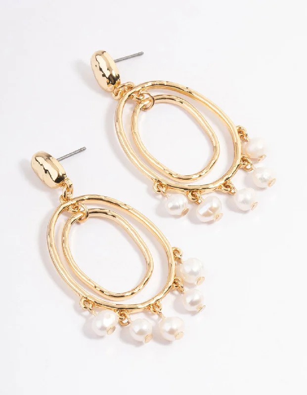 Long Dangle Hoop Earrings-Gold Plated Oval Drop Layered Freshwater Pearl Earrings