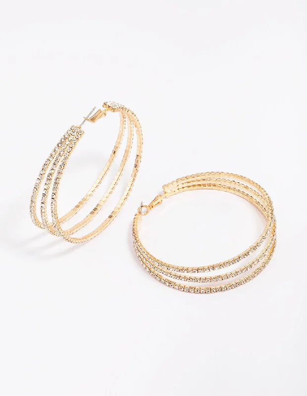 Long Tassel Earrings-Gold Medium Triple Row Diamante Hoop Earrings