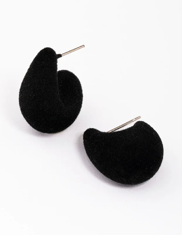 Dainty Pearl Earrings-Black Velvet Fabric Droplet Huggie Earrings