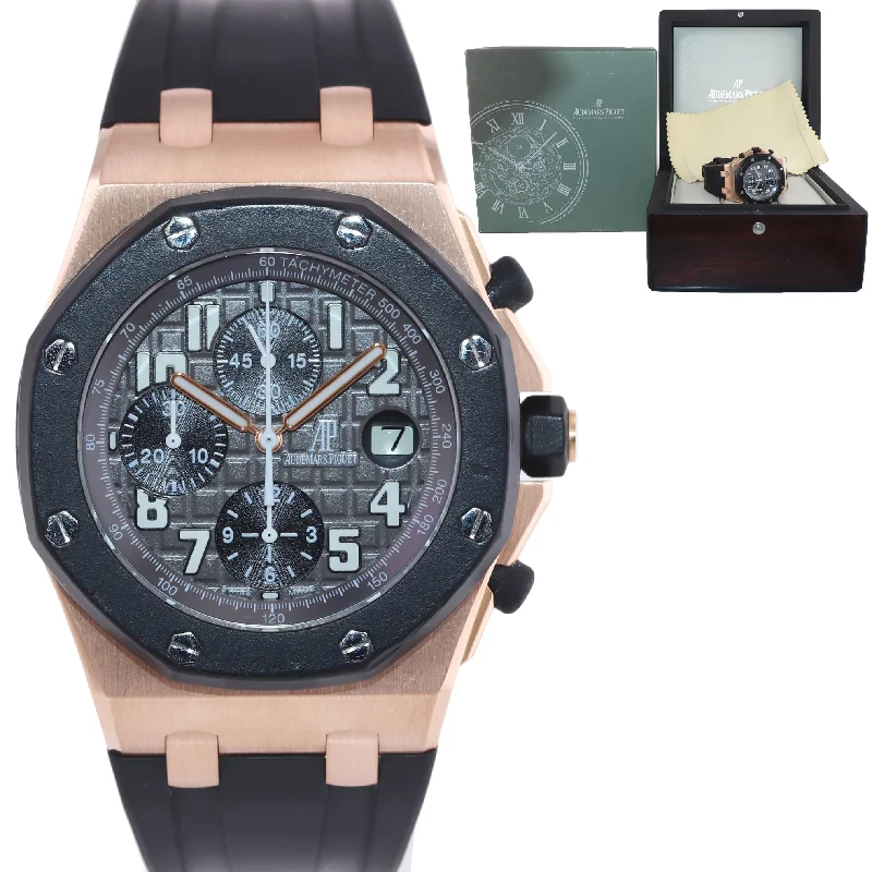 Women's Leather Watch with Diamonds-Audemars Piguet Royal Oak Offshore Rose Gold Rubber 25940OK.OO.D002CA.01 Watch