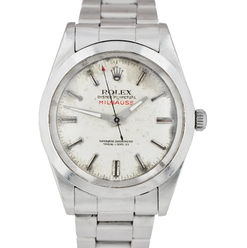 Men's Watch with Day of the Week-Vintage Rolex Milgauss Silver Dial 1019 38mm Stainless Steel Oyster Watch