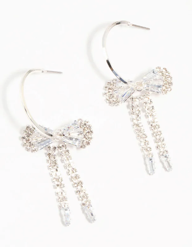 Glamour Diamond Earrings-Diamante Bow Hoop Silver Earrings